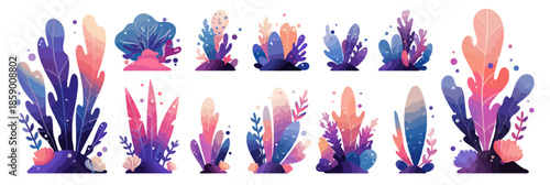 다채로운 색상의 추상적인 식물 일러스트 모음, 동화 같은 분위기 연출