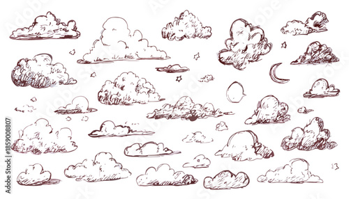 다양한 모양의 구름과 달이 그려진 손그림 일러스트 세트, 투명한 배경