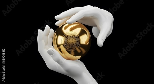 Abstract 3D Render: Elegant White Hands Holding Golden Sphere with Intricate Geometric Pattern on Black