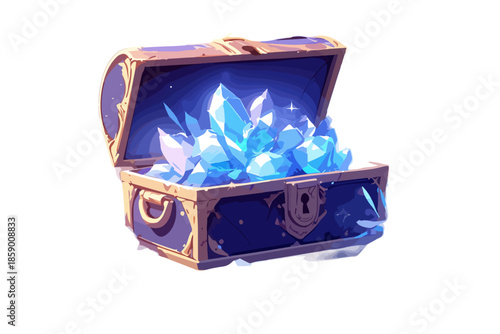 보물 상자에서 빛나는 푸른 수정들이 솟아나는 모습, 신비롭고 환상적인 분위기를 자아냅니다.