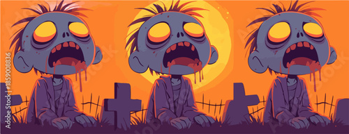 무덤에서 기어 나오는 세 마리의 귀여운 좀비, 할로윈 분위기의 일러스트