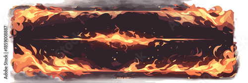 불타는 상자 테두리, 투명한 배경에 불꽃이 휘감는 모습, 에너지와 위험을 상징하는 강렬한 시각 효과