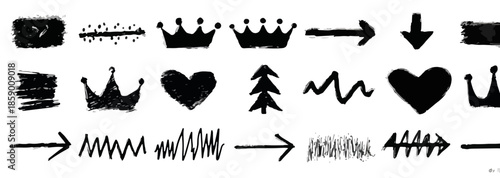 다양한 손글씨 아이콘 모음: 왕관, 하트, 화살표, 브러시 스트로크, 파도 모양, 크리스마스 트리