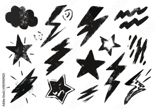 다양한 번개, 별, 구름 모양의 손으로 그린 흑백 일러스트레이션 세트