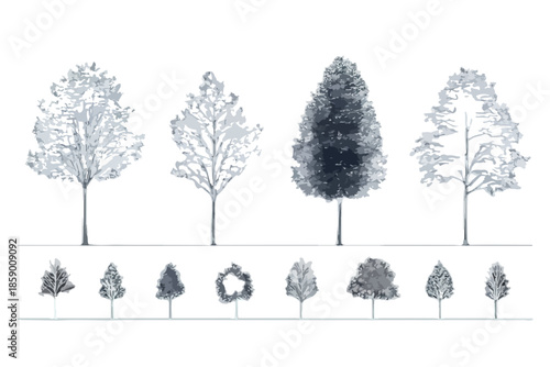 다양한 크기와 모양의 나무 일러스트가 투명 배경에 그려져 있습니다.