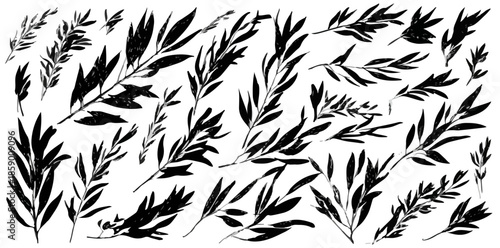 다양한 크기와 모양의 검은색 나뭇가지와 잎사귀가 모여 있는 투명한 배경의 일러스트