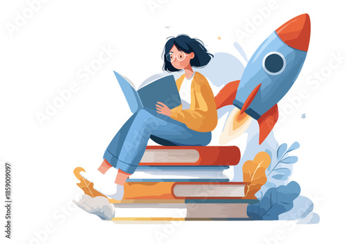 책을 읽으며 로켓을 타고 우주로 나아가는 소녀, 지식과 상상력의 무한한 가능성을 보여줍니다.