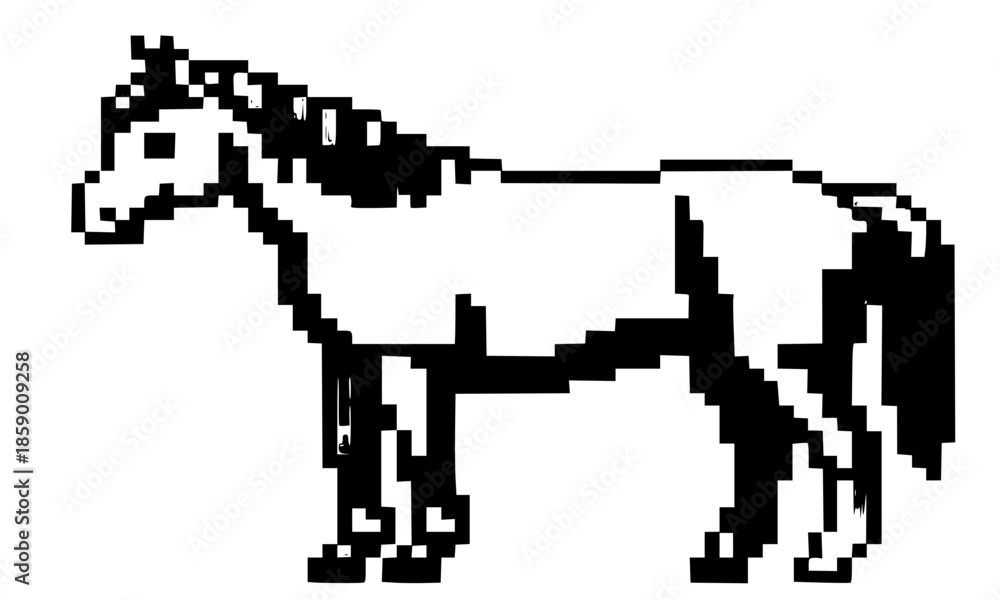 Fototapeta premium Minimalist black horse silhouette, side view of standing stallion or mare, clean animal outline vector illustration isolated on white background