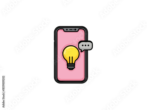스마트폰 화면에 떠오르는 전구 아이콘과 말풍선, 혁신적인 아이디어와 소통을 상징하는 그래픽