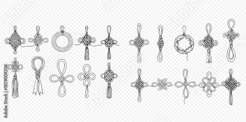Set of hand drawn Chinese knot illustrations with tassels, traditional oriental decorative elements.