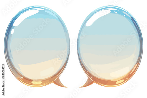 투명한 물방울 모양의 말풍선 두 개가 나란히 있는 모습, 배경은 흐릿하고 부드러운 파스텔톤입니다.