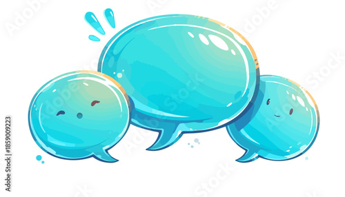 투명한 파란색 말풍선 세 개가 귀엽고 부드러운 얼굴 표정을 짓고 있습니다.