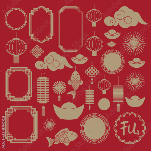 A collection of traditional chinese symbols and decorative elements for new year celebration