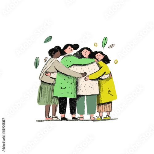 다양한 인종의 네 명의 여성이 서로 껴안고 우정과 연대를 나누는 따뜻한 일러스트