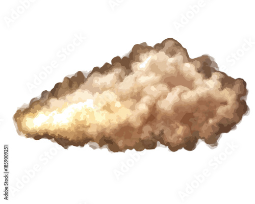 황갈색 연기 또는 먼지 구름이 흰색 배경에 떠 있는 모습, 투명한 질감 표현