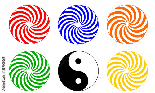 Set of colorful hypnotic spiral circles and Yin Yang symbol, vector sunburst swirl icons in red, blue, orange, green and yellow, balance and harmony graphic elements.