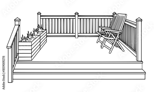 Wooden deck patio with railing and folding chairs, outdoor terrace with planter box and stairs, black and white line art vector illustration of backyard relaxation area