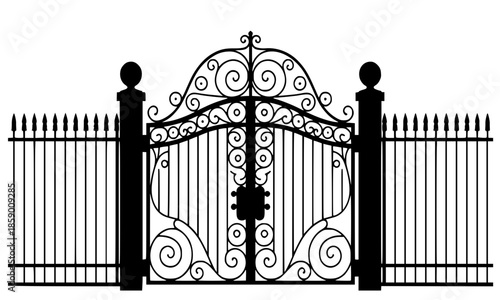 Ornate wrought iron gate and fence silhouette, decorative metal entrance with scrollwork and filigree details, black vector illustration isolated on white background