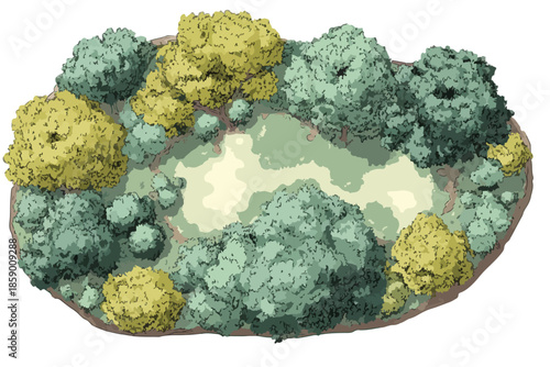 다양한 색상의 나무와 식물로 둘러싸인 중앙의 맑은 연못을 보여주는 조감도