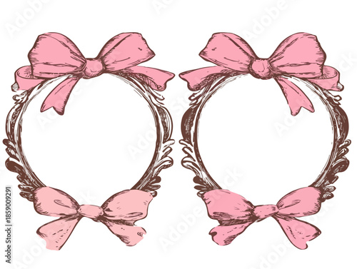 두 개의 빈티지 스타일 프레임, 분홍색 리본 장식, 투명한 배경에 수채화 느낌의 일러스트