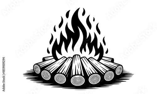 Campfire bonfire with logs in woodcut engraving style, black and white vector illustration of burning fire pit isolated on white background