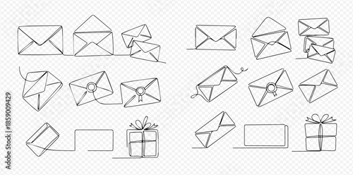 Set of continuous line drawings of various mail envelopes, letters, and gift boxes.