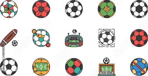 Soccer Ball Collection, Football Stadium and Team Sports Vector Icon Set