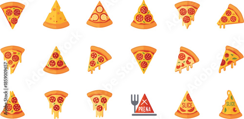Delicious Pizza Slices, Pepperoni Toppings and Fast Food Vector Icon Collection