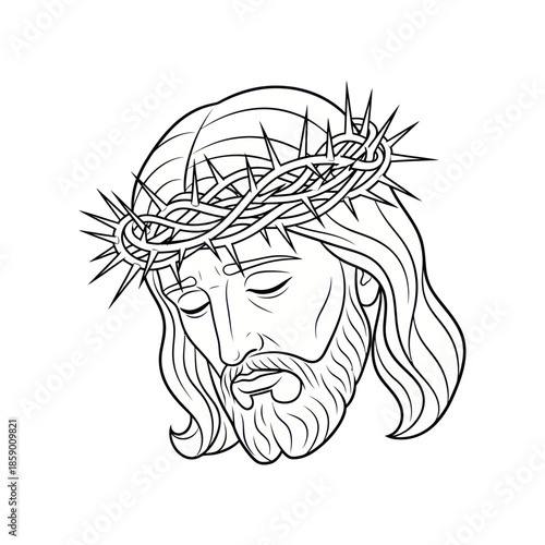 Jesus Christ with Crown of Thorns Line Art Illustration.