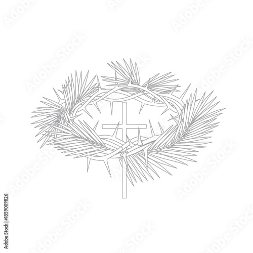 Intricate Line Art Depiction of a Crown of Thorns with Cross.