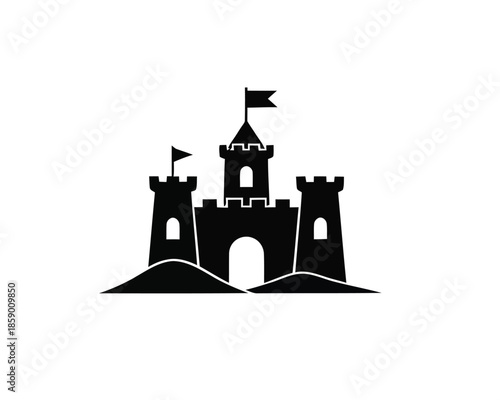 Stylized black silhouette icon of a majestic sandcastle, complete with turrets and a flying flag, representing vacation dreams and beach adventures