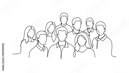 A minimalist continuous line drawing depicts a diverse group of nine people standing together, showcasing unity and community.