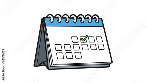 A cartoon illustration of a desk calendar with a green checkmark on one of the days.
