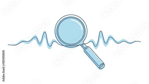 A magnifying glass is placed over a wavy line representing data or a sound wave.