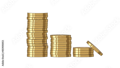 Three stacks of gold coins decreasing in height from left to right, representing financial growth or decline.