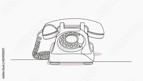 A minimalist line drawing of a vintage rotary dial telephone on a plain white background.