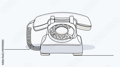 A vintage rotary dial telephone with a coiled cord, rendered in a clean, minimalist line art style.