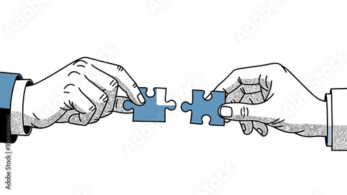 Two hands are shown connecting two blue puzzle pieces, symbolizing collaboration and problem-solving in a business context.