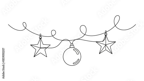 A minimalist line art illustration of a festive garland with stars and a bauble.