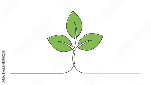 A minimalist illustration of a green seedling with three leaves emerging from a single continuous line.
