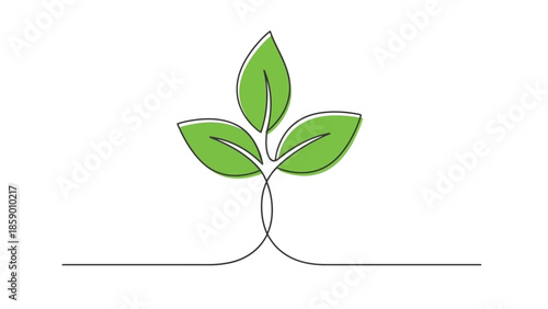 A minimalist, continuous line drawing of a vibrant green sprout with three leaves emerging from a single stem.
