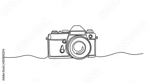 A minimalist continuous line drawing of a vintage camera, emphasizing its iconic shape and lens.