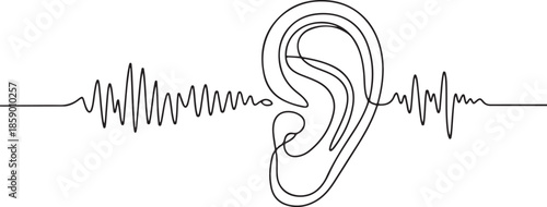 Black and white line art depicting an ear and sound waves, symbolizing hearing ability, acoustics, or audio technology.
