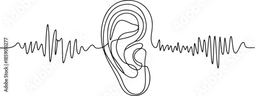 A minimalist vector illustration of an ear representing the concepts of hearing, listening, and audio signals.