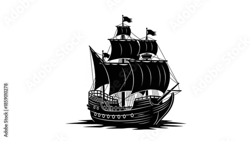 Vintage sailing ship with billowing sails on calm waters