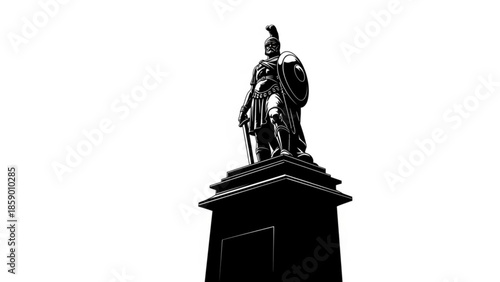 A black and white image of a statue of a roman soldier standing on a pedestal with a shield and spear