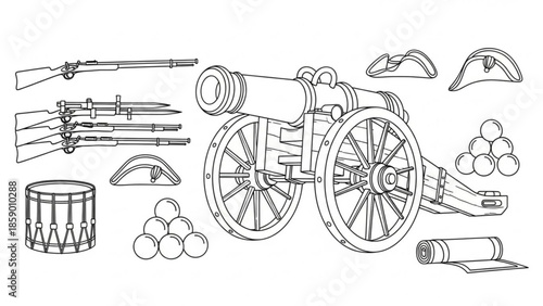 A detailed illustration of a vintage cannon and its accompanying military equipment