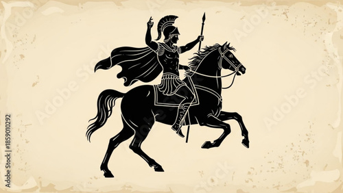 Ancient warrior riding a horse with a spear in a dynamic pose on a beige background with a distressed texture