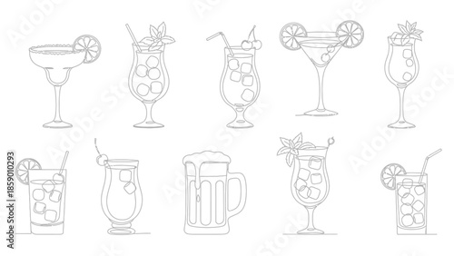A collection of ten different cocktail and beverage illustrations, presented in a clean, line-art style.