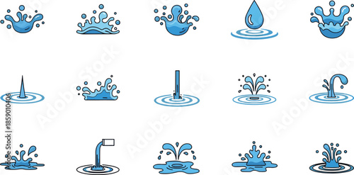 Blue Water Splash, Liquid Drops and Ripple Effect Vector Icon Collection